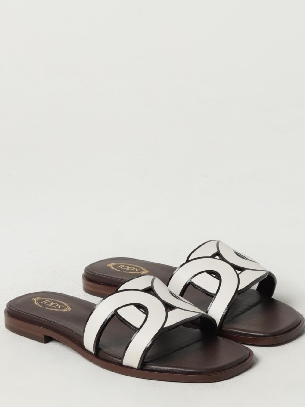Tod's White and Brown Leather Slide Sandals for Women